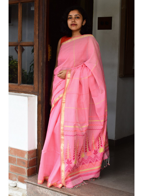 Light Pink, Handwoven Organic Cotton, Plain Weave , Jacquard, Work Wear, Jari, Striped Saree